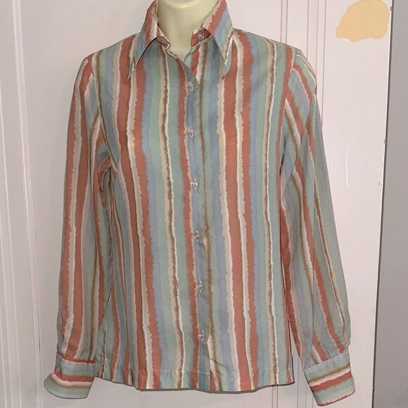 Vintage Tops - Vintage 70s College Town Striped Orange, Blue, Green, Tan & Cream Shirt